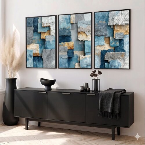 kit 3 quadro decorativo abstrato azul celeste gold  luxo decor sala escritório com molduras