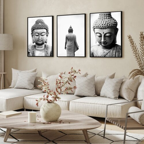 quadro decorativo buda meditação paz trio budista rosto buda decoração para sala quarto escritório empresa com molduras