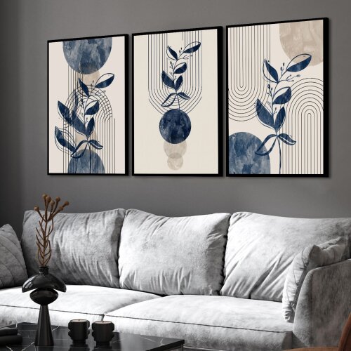 kit 3 Quadro Decorativo Abstrato Azul Intenso Com Toques De Luz f
