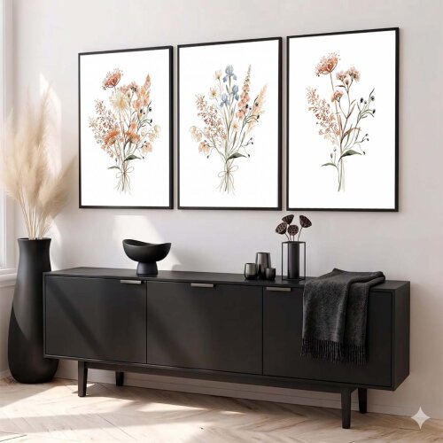 kit 3 Quadro decorativo Flores Camomila Plantas Secas E Ervas Vintage com molduras