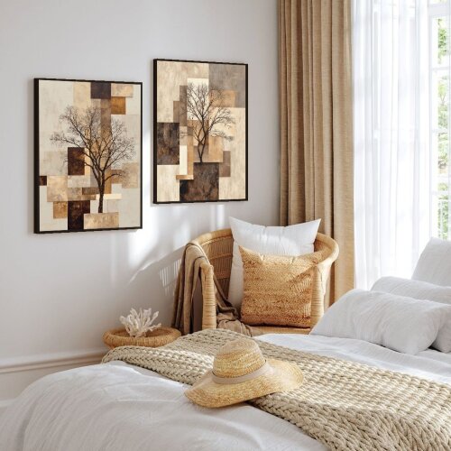 kit 2 Quadro decorativo Árvore Abstrata Tons Terrosos e Cobre Arte Vintage sala quarto com molduras