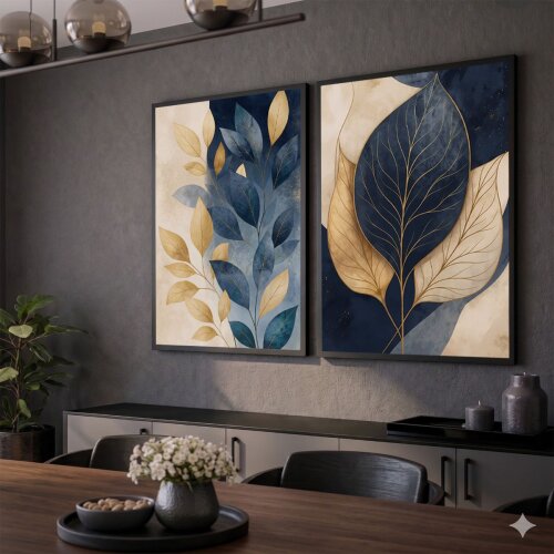 kit 2 quadro decorativo Abstrato Azul Marinho Com Serenidade Galho hall sala quarto com molduras