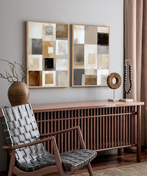 kit 2 quadro decorativo abstrato marrom dourado gold tons marrons estilo boho chic com molduras