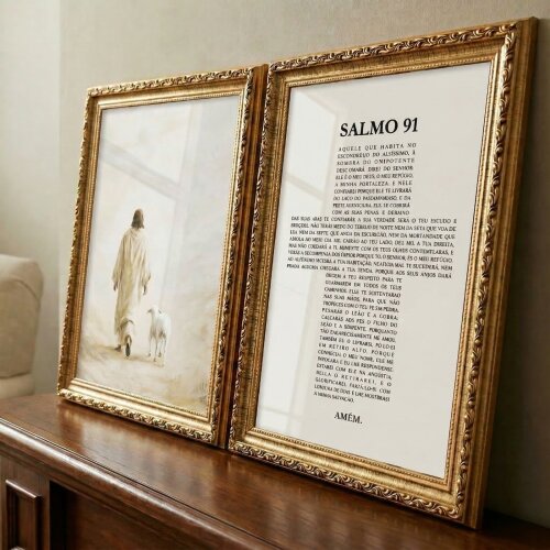 kit 2 Quadro Salmo 91 Deus Fé Jesus Moldura Clássica Dourada Vi