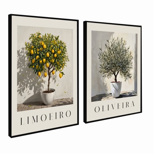 kit 2 quadro decorativo árvore limoeiro árvore oliveira galhos verdes folhas com molduras