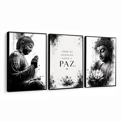 Kit 3 Quadro Buda Meditação Budismo Paz Meditar Flor De Lótus sala quarto com molduras