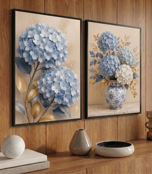kit 2 Quadro Flores Hortênsias Azuis Vaso De Flor Tons Azuis Sala com molduras