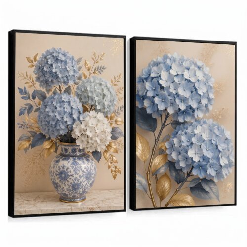 kit 2 Quadro Flores Hortênsias Azuis Vaso De Flor Tons Azuis Sal
