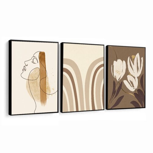 Kit 3 Quadro Abstrato Geométrico Linhas Orgânicas Boho Chic Bege com molduras