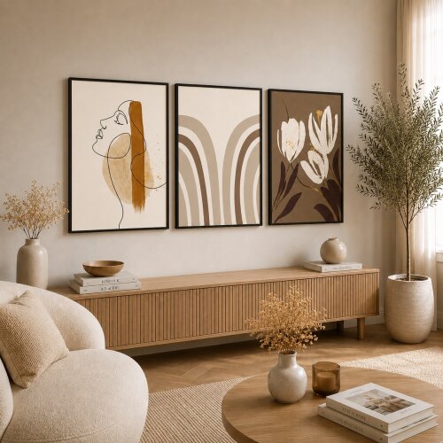 Kit 3 Quadro Abstrato Geométrico Linhas Orgânicas Boho Chic Beg