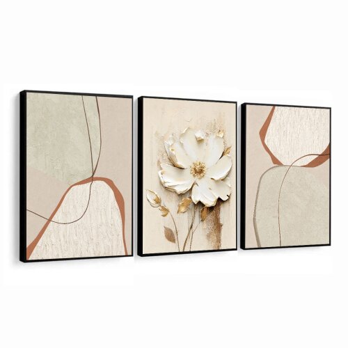 kit 3 Quadro Boho Chic Abstrato Floral Tons De Bege Dourado Flor com molduras