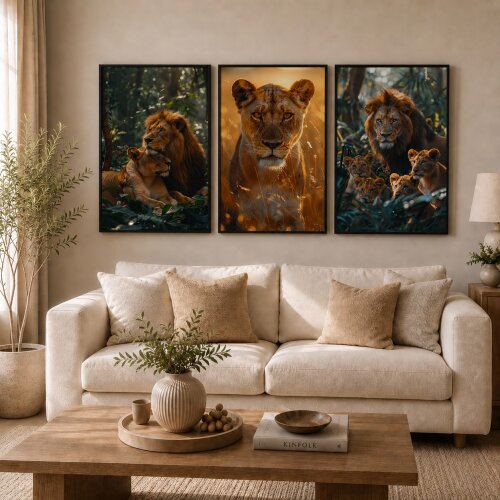 kit 3 quadro decorativo leoa quatro filhotes família leão selvagem com molduras