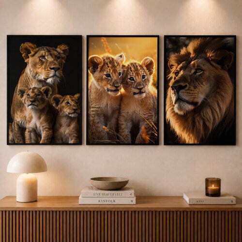 kit 3 quadro decorativo família de leão leoa dois filhotes selvagem com molduras