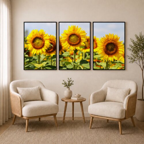 Trio De Quadros Girassóis Sala De Estar Luxo Flor Girassol com molduras
