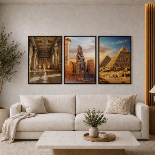 kit 3 Quadro Egito Antigo Templo Egípcio Faraó Pirâmides De Giza sala de estar quarto com molduras