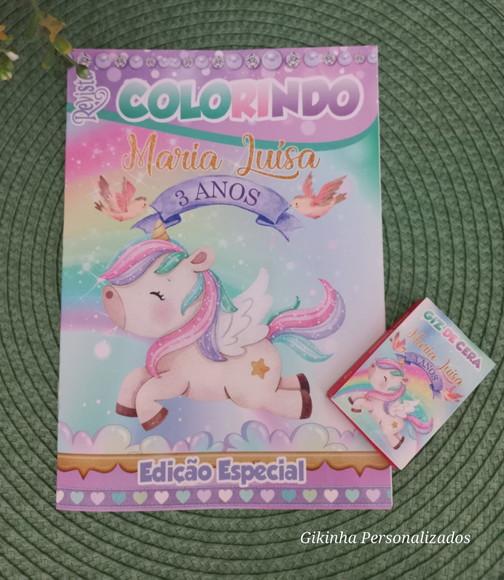 Revistinha de Colorir Unicórnio + Giz com Nome e Idade