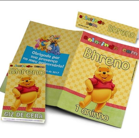 Livrinho de Colorir Ursinho Pooh + Giz de Cera Kit Festa