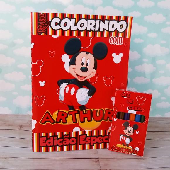 Revistinha de Colorir Mickey + Giz de Cera Personalizado