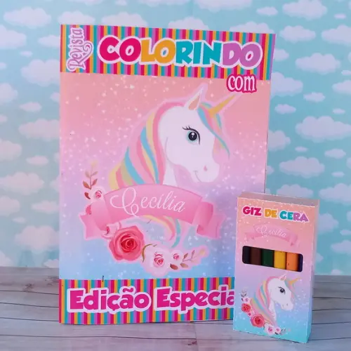 Kit Revistinha de Colorir Unicórnio + Giz de Cera