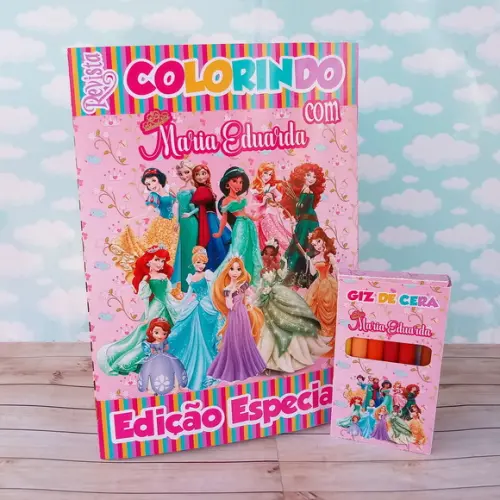 Livrinho Princesas + Giz de Cera Personalizado kit 30 unid