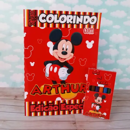 Livrinho de Colorir Mickey + Giz de Cera Personalizado kit 30 unid