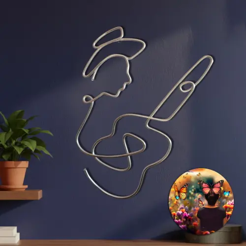 Escultura de Parede Violeiro Arte Minimalista em Arame