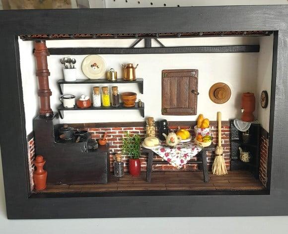 Quadro Cenário Miniatura Cozinha da Roça c/ Vidro