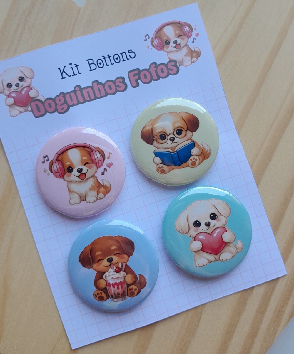 Kit Bottons Doguinhos Fofos - Cartela c/ 04