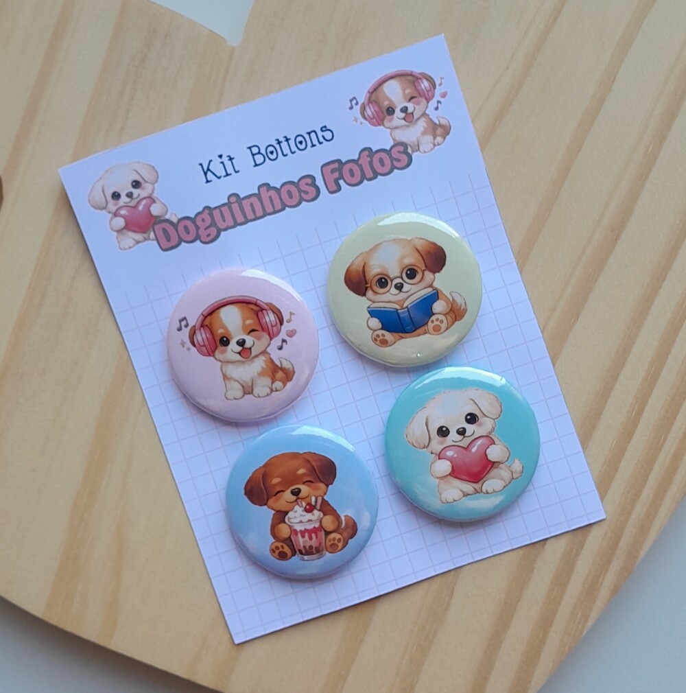 Kit Bottons Doguinhos Fofos - Cartela c/ 04