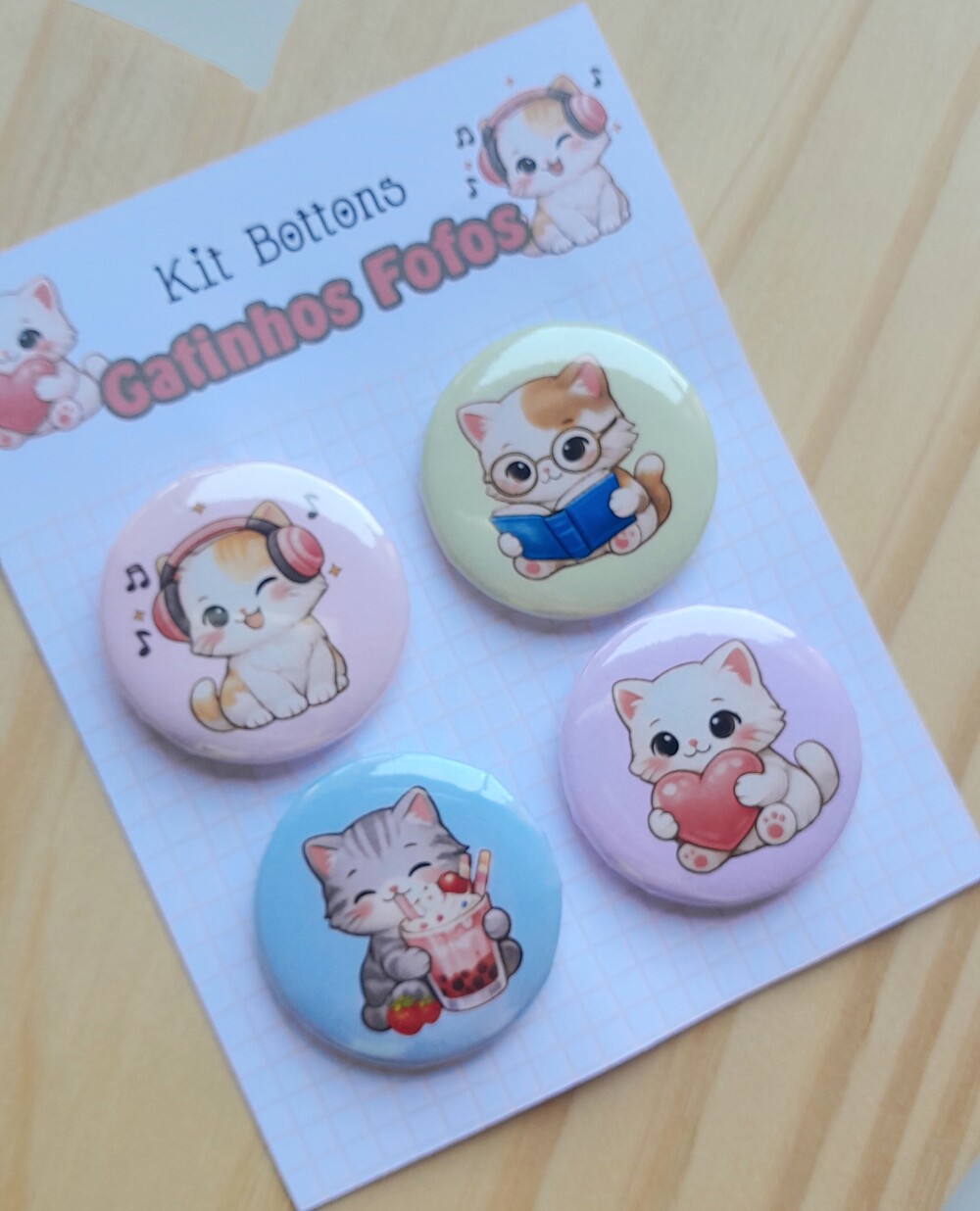 Kit Bottons Gatinhos Fofos - Cartela c/ 04