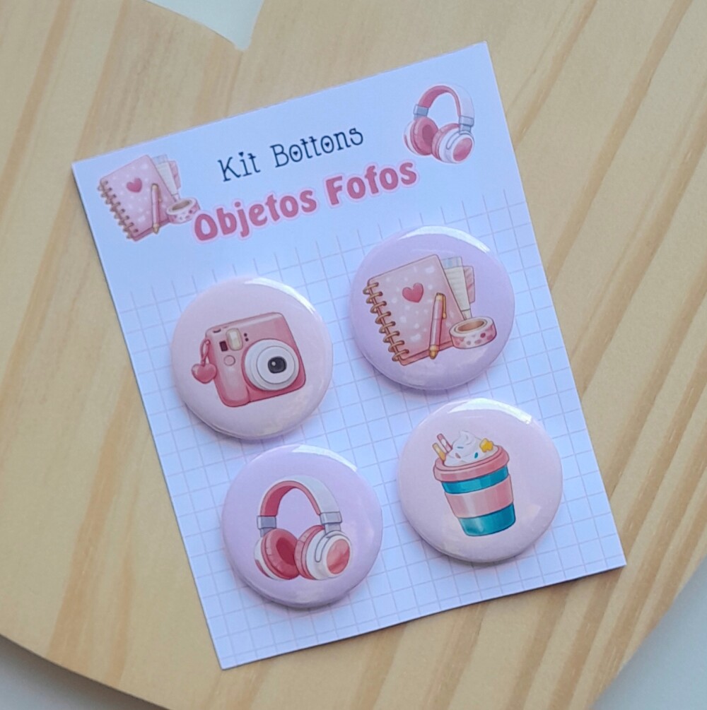 Kit Bottons Objetos Fofos - Cartela c/ 04