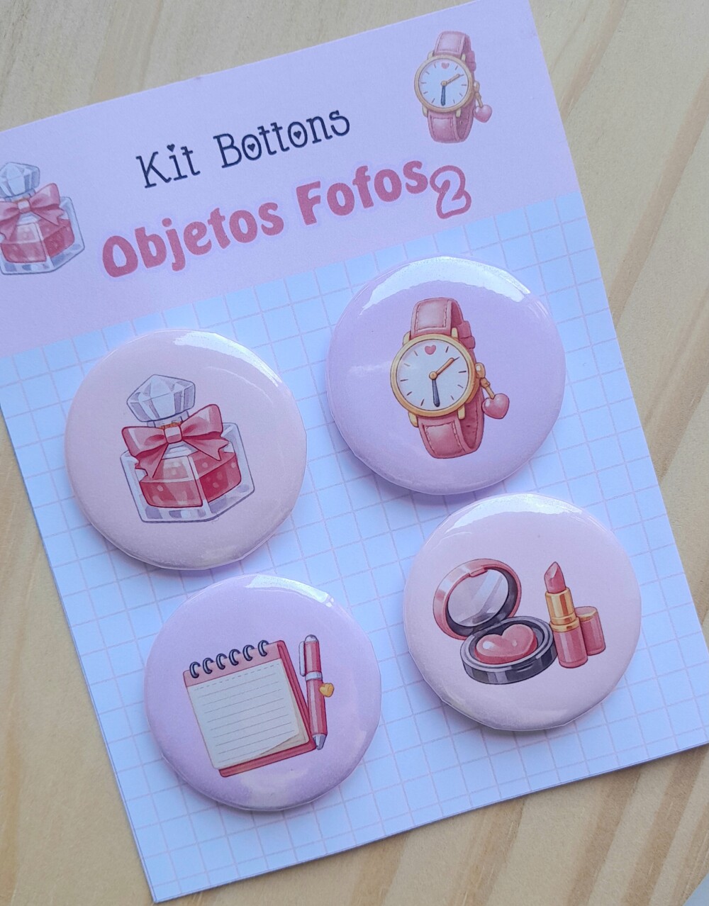 Kit Bottons Objetos Fofos 2 - Cartela c/ 04