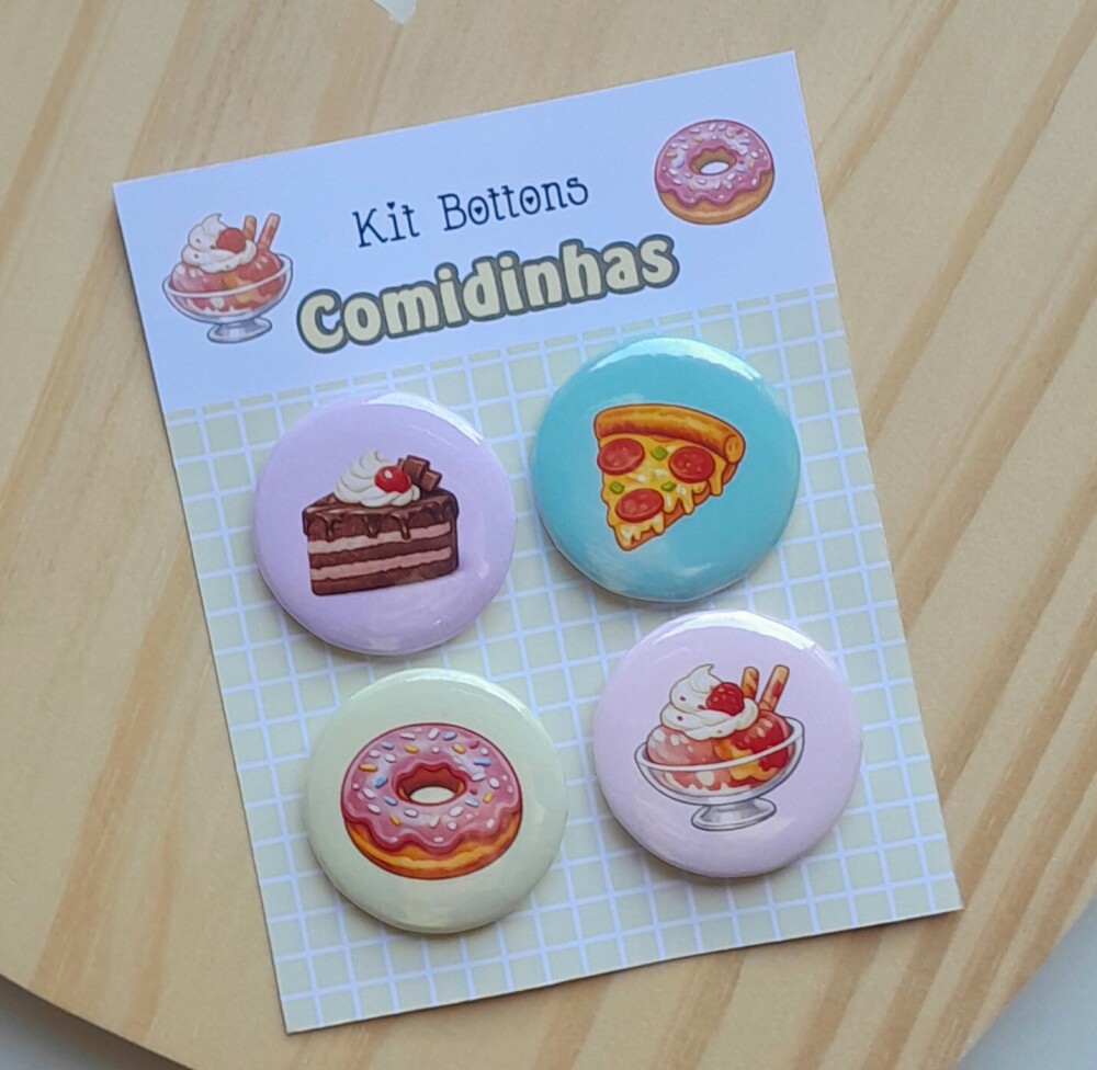 Kit Bottons Comidinhas Fofas - Cartela c/ 04