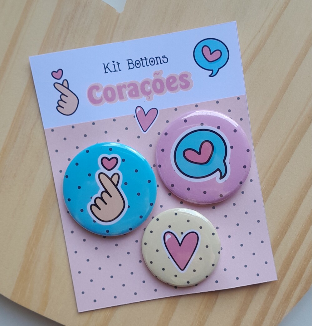 Kit Bottons Corações - Cartela c/ 03