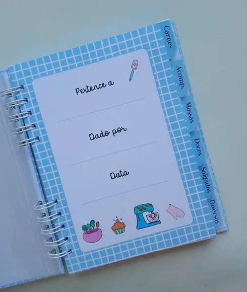 Caderno de Receitas Personaliz + Divisórias c/ Abas