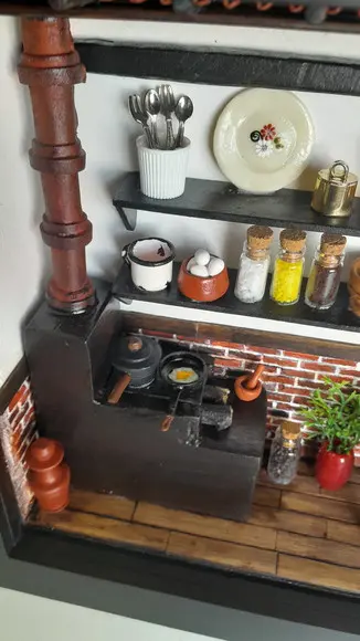 Quadro Cenário Miniatura Cozinha da Roça c/ Vidro
