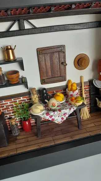 Quadro Cenário Miniatura Cozinha da Roça c/ Vidro