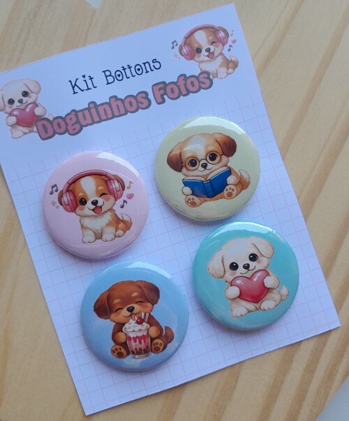 Kit Bottons Doguinhos Fofos - Cartela c/ 04