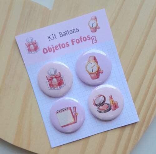Kit Bottons Objetos Fofos 2 - Cartela c/ 04