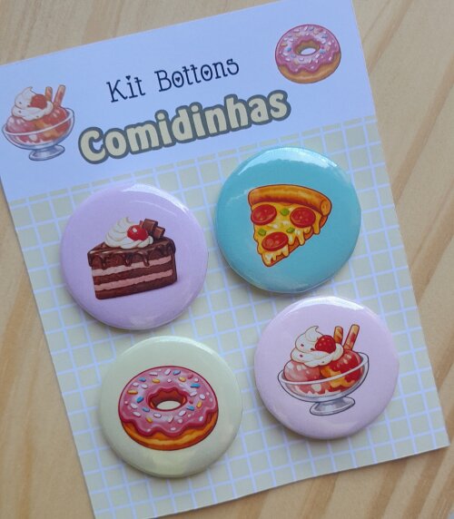 Kit Bottons Comidinhas Fofas - Cartela c/ 04