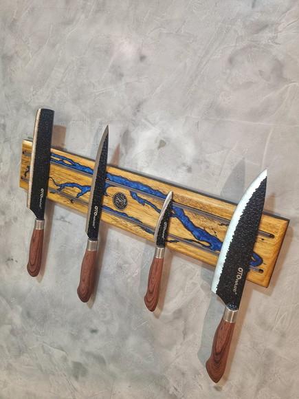 Holder Magnético de Facas Madeira Nobre Tauari Resina Azul