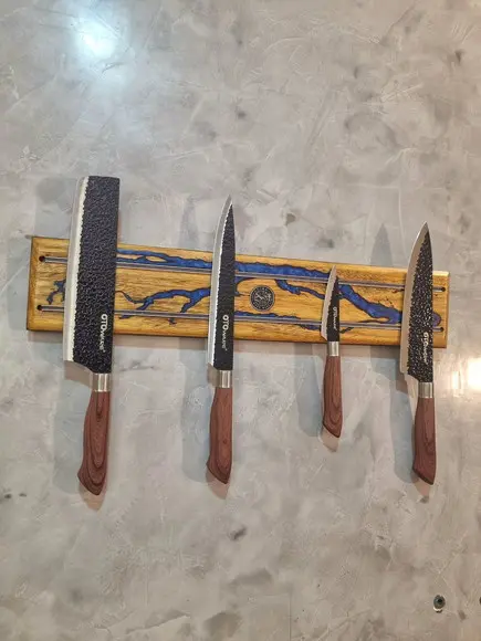 Holder Magnético de Facas Madeira Nobre Tauari Resina Azul