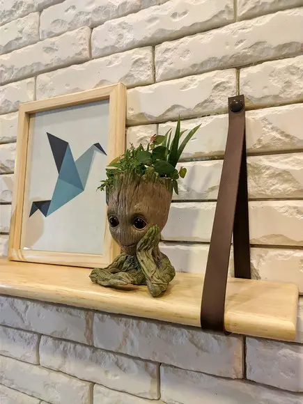 Prateleira Com Alças de Couro Marrom Café Madeira Maciça