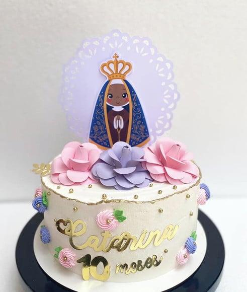 Topo de bolo Nossa Senhora Aparecida com flores