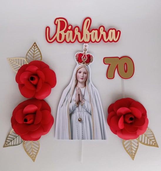 Topo de bolo Nossa Senhora de Fátima com flores