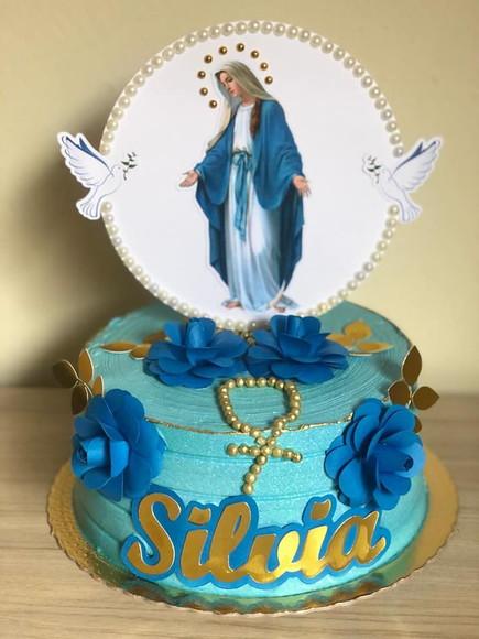 Topo de bolo Nossa Senhora das Graças com flores 3D