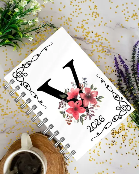 Agenda 2026 Personalizada com Letra Inicial Floral