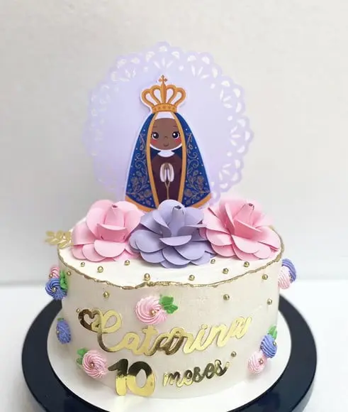 Topo de bolo Nossa Senhora Aparecida com flores