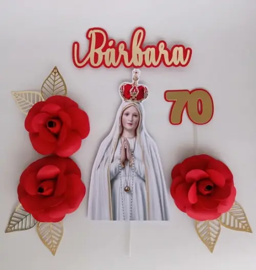 Topo de bolo Nossa Senhora de Fátima com flores