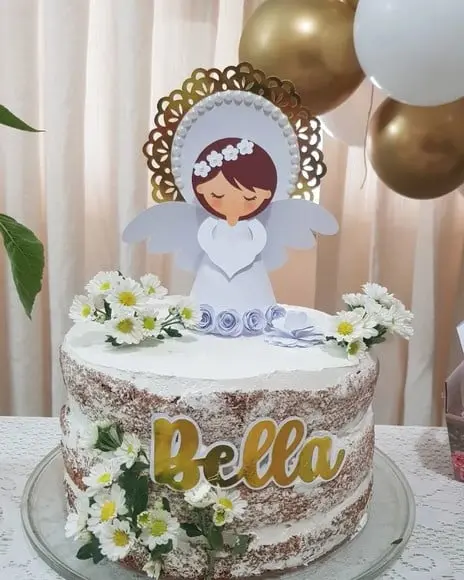 Topo de bolo Batizado Menina com anjo 3D